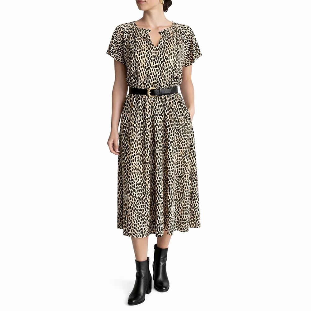 Talbots Leopard Print Midi Dress Elastic Waist Flutter Sleeve Large Chic